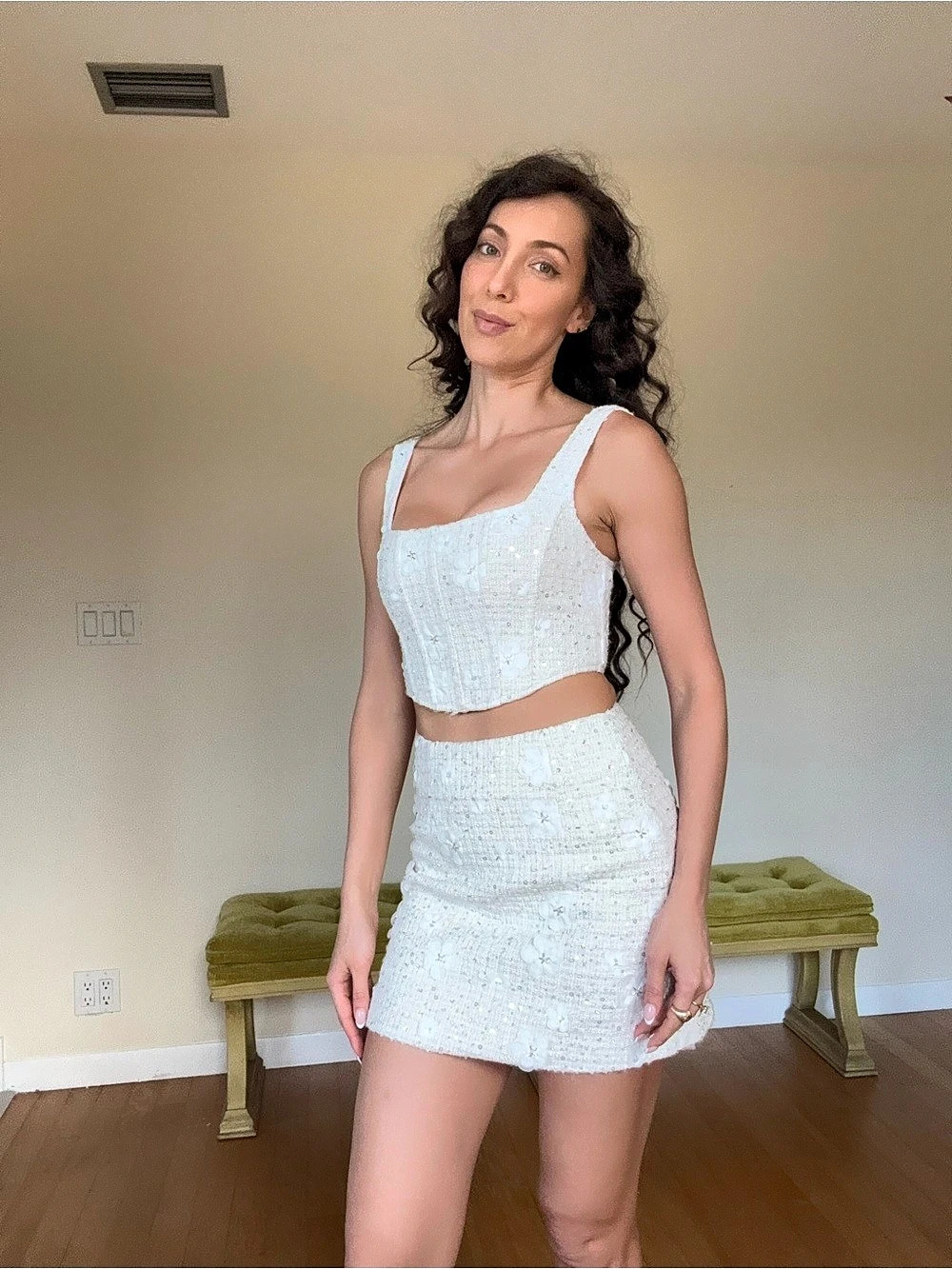 White Floral Embellished Mini Skirt Set Like New